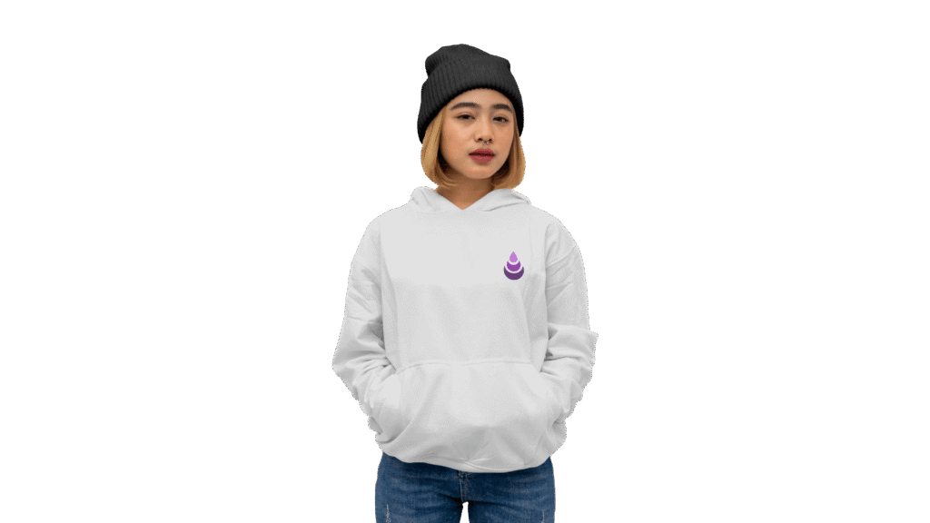 Mockup eines weißen Pullovers mit KIN-Logo
