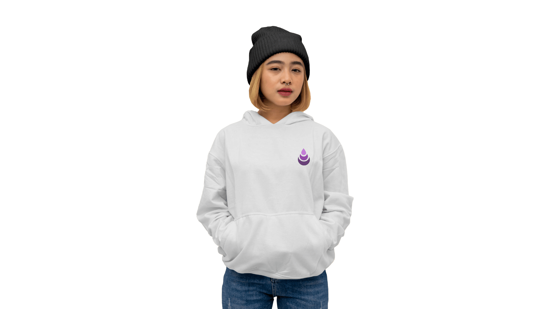 Mockup eines weißen Pullovers mit KIN-Logo
