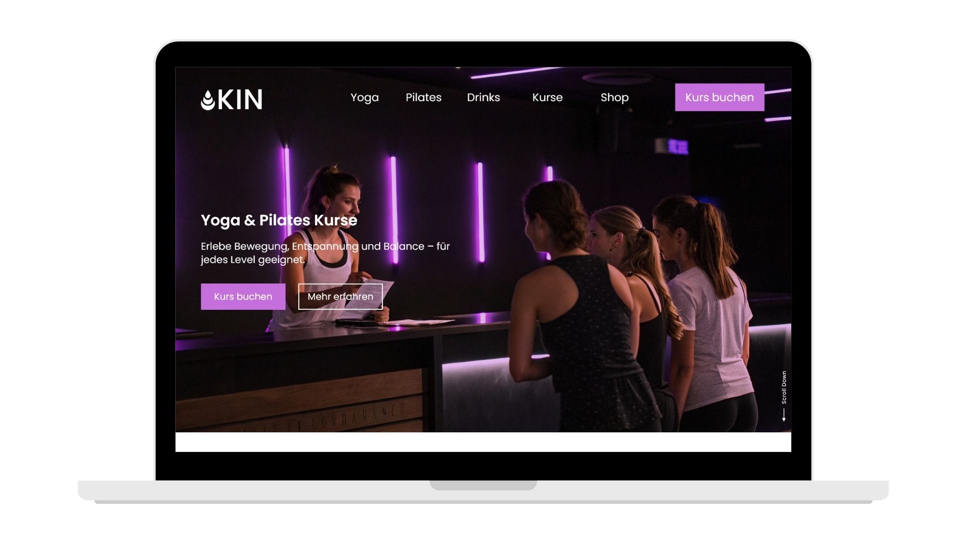 Website-Design für das Yogastudio KIN mit dunklem Startbild